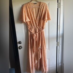 Plus Ditsy Floral Belted Ruffle Wrap A-line Dress